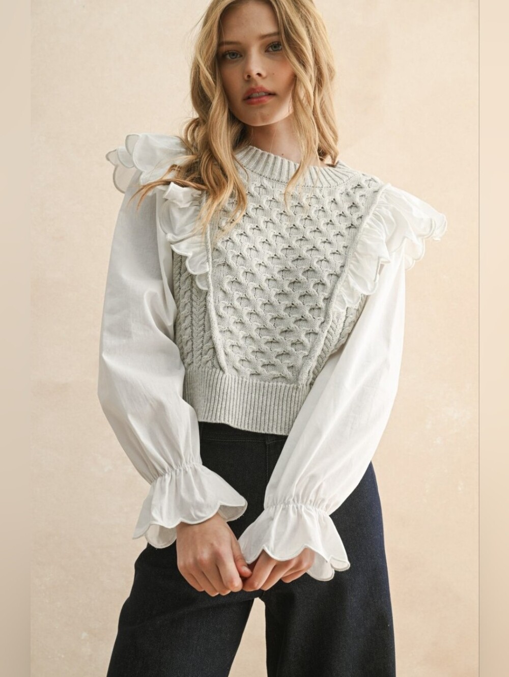 MIOU MUSE Sweater Combo Blouse Gray White